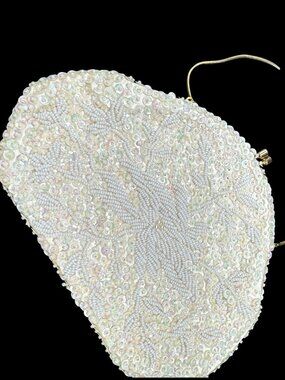 Vintage Beaded Evening Bag Purse Clutch White Sequin Gold Tone Kiss Lock